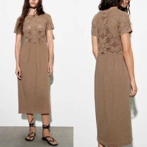 Zara Mixed Macrame Crochet Knit Earth Brown Cotton Midi Dress Size S